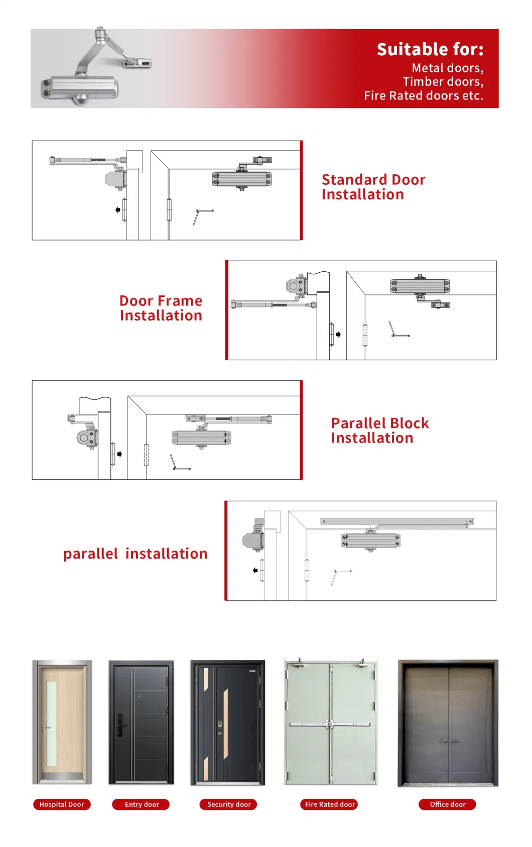 Adjustable CE&UL Fireproof Aluminum Listed Door Closer for 60-85kg Door (604)