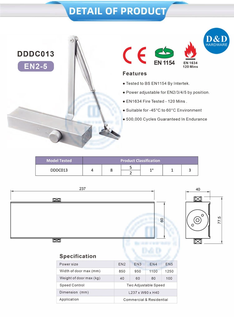 CE En1154 Adjustable Control Security Products Automatic Spring Sliding Hydraulic Swing Auto 180 Degree Aluminium Wood Commercial Fire Rated Double Door Closer